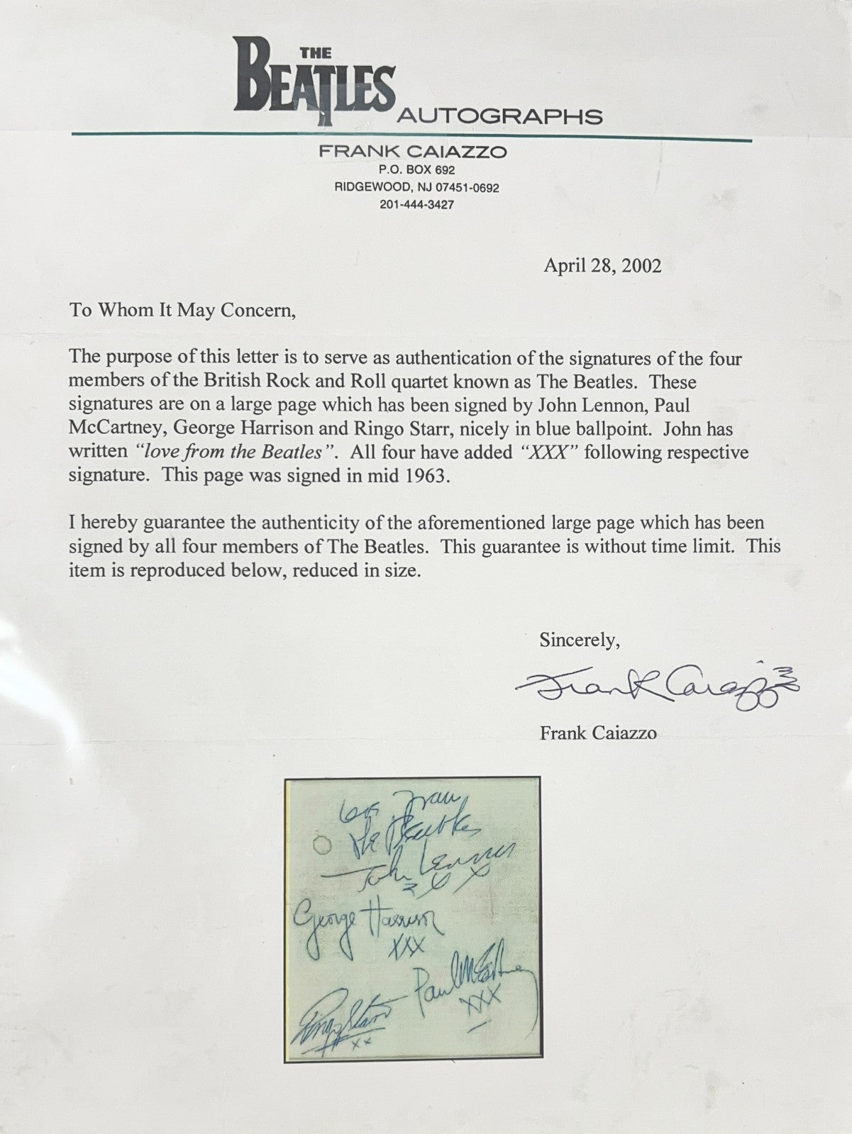 1963 Beatles Autograph. John Lennon, Paul McCartney, Harrison, Ringo. Caiazzo2
