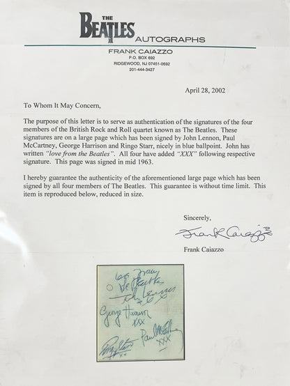1963 Beatles Autograph. John Lennon, Paul McCartney, Harrison, Ringo. Caiazzo2