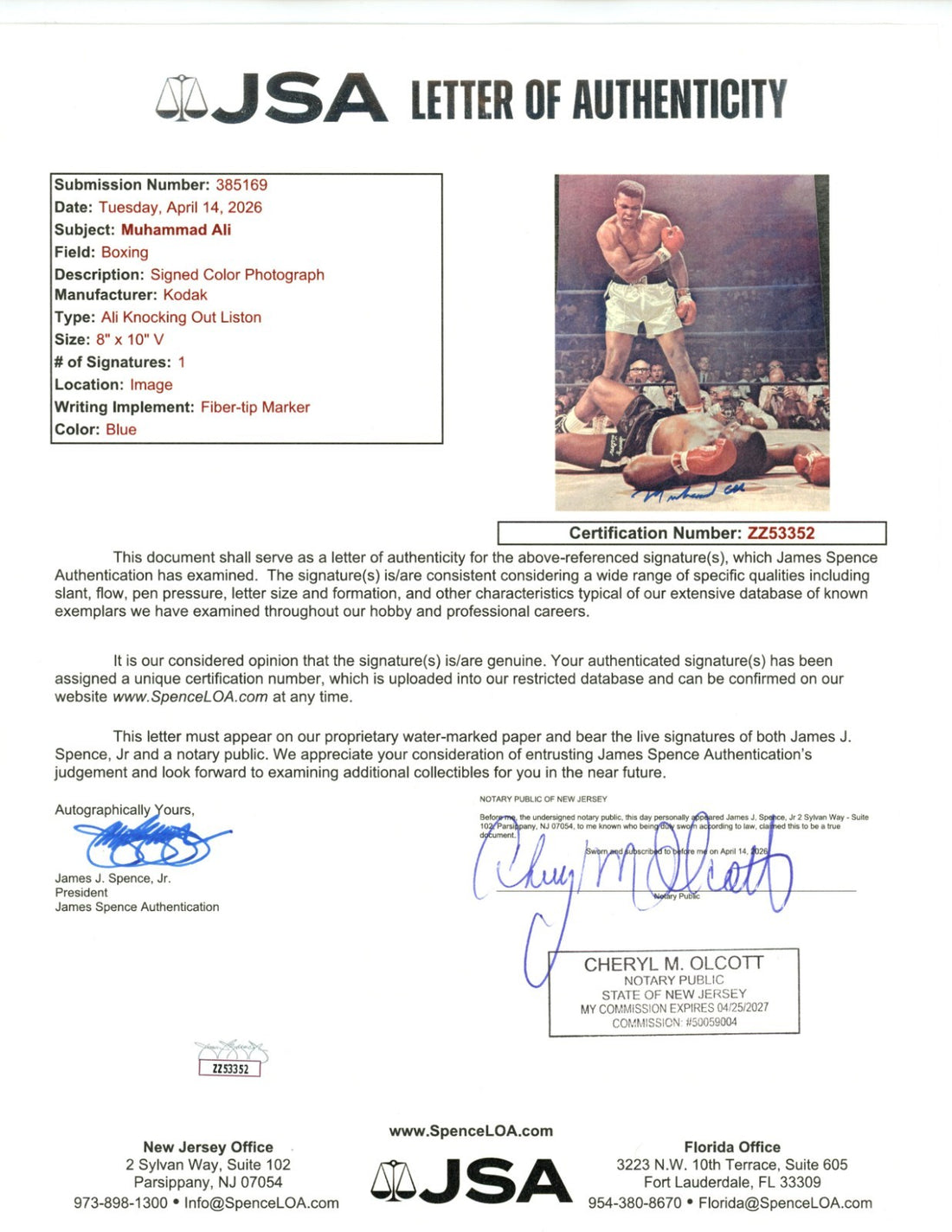 Muhammad Ali Signed Photo, 8x10. KO Sony Liston. JSA1