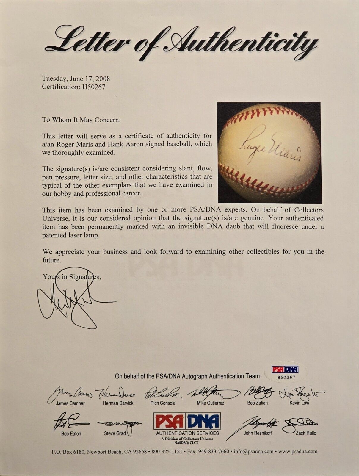 Hank Aaron &amp; Roger Maris Signed Baseball. Home Run Kings. PSA LOA