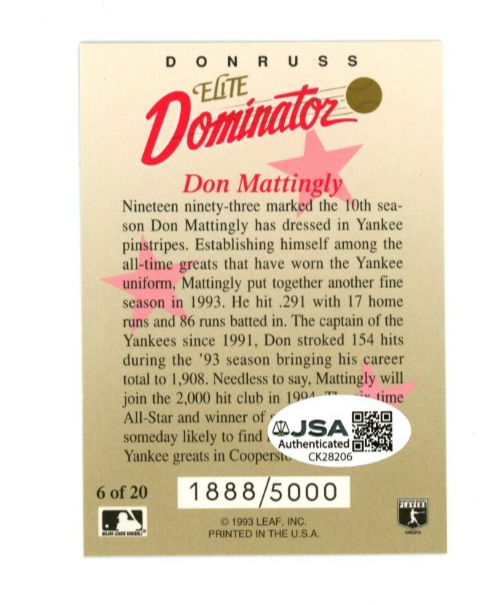 Don Mattingly Signed 1993 Donruss Leaf Elite Dominator1