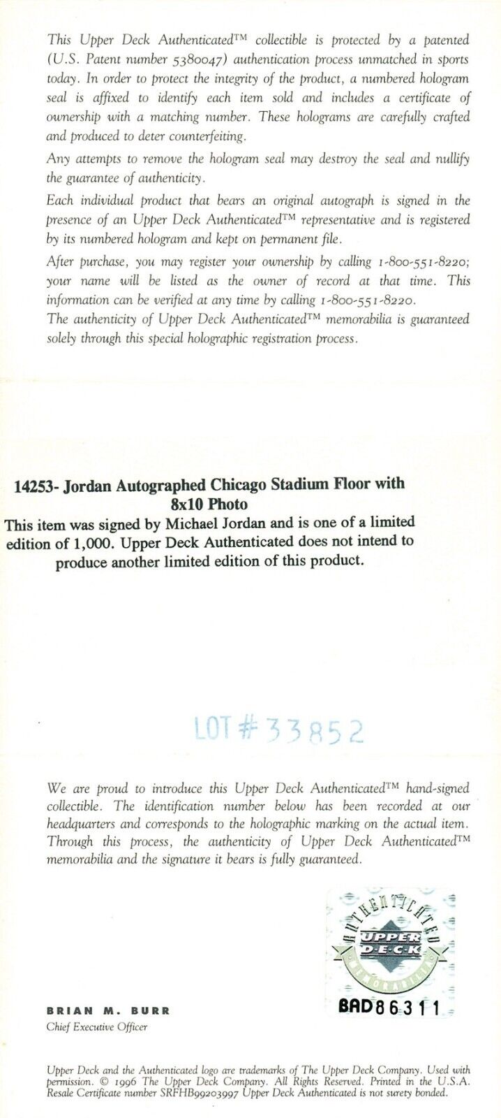 Michael Jordan Signed Game Used Floor, Chicago Stadium. Auto LE Upper Deck UDA