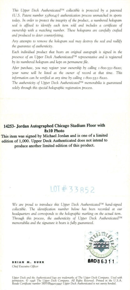 Michael Jordan Signed Game Used Floor, Chicago Stadium. Auto LE Upper Deck UDA