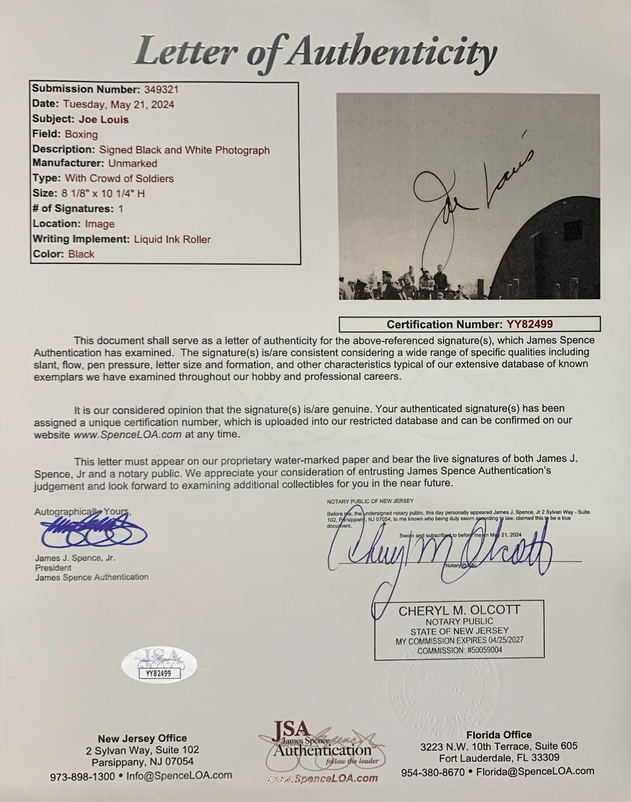 Joe Louis Signed 8x10 Photo, Army Boxing Ring. 1944 World War II. Auto JSA2