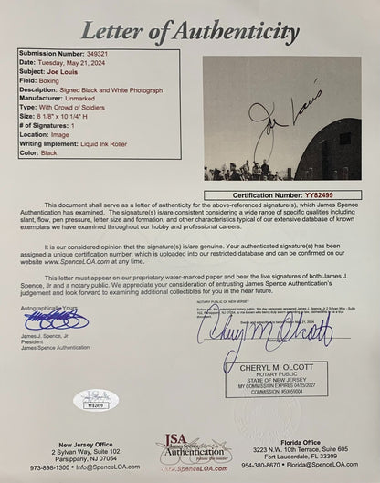 Joe Louis Signed 8x10 Photo, Army Boxing Ring. 1944 World War II. Auto JSA2