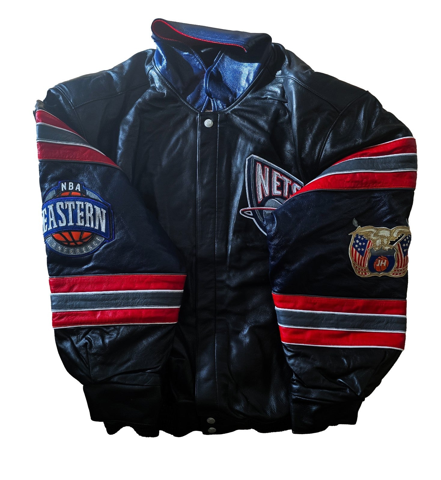 2000s Jeff Hamilton New Jersey Nets NBA Leather Jacket Embroidered Logos0