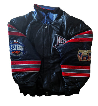 2000s Jeff Hamilton New Jersey Nets NBA Leather Jacket Embroidered Logos0