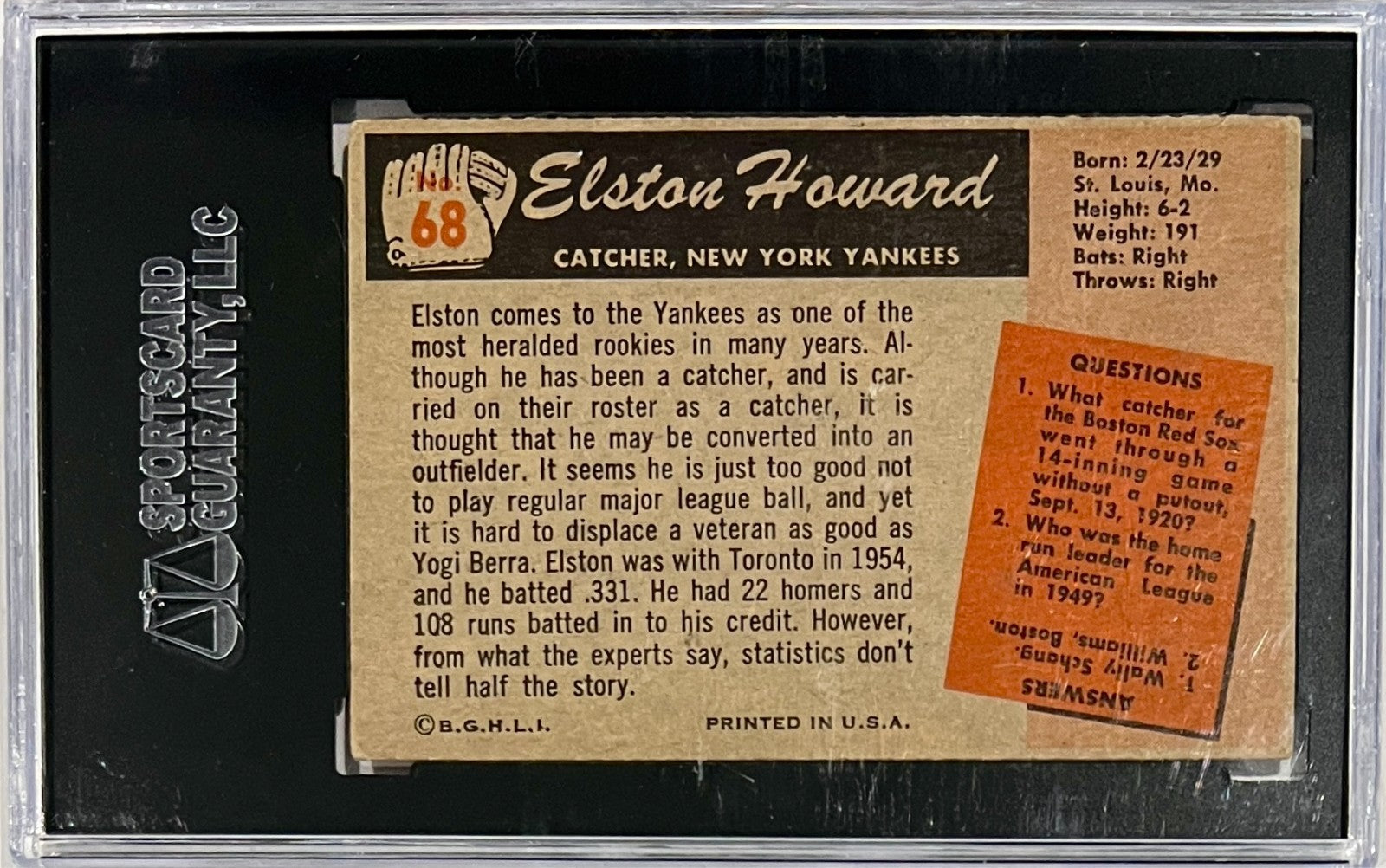 1955 Bowman Elston Howard Rookie Card, Signed Auto. SGC JSA1