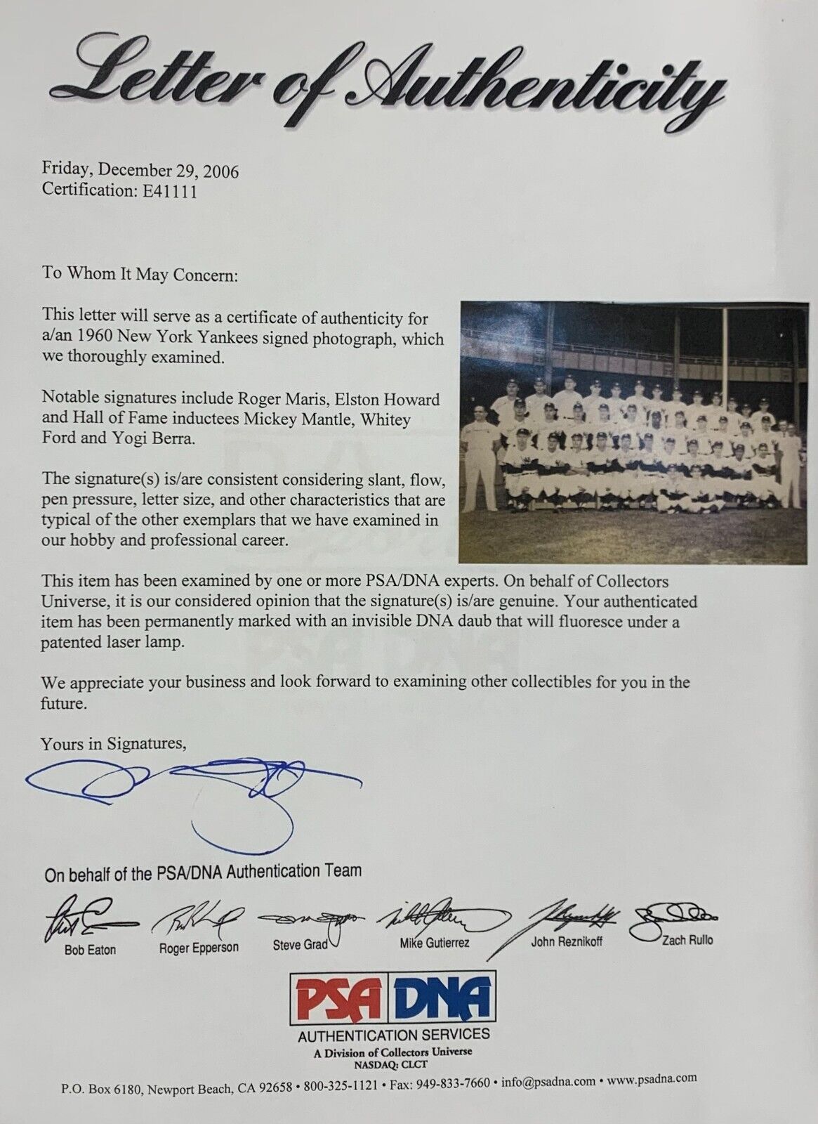 1960 New York Yankees Team Signed Photo. 37 Signatures. PSA LOA