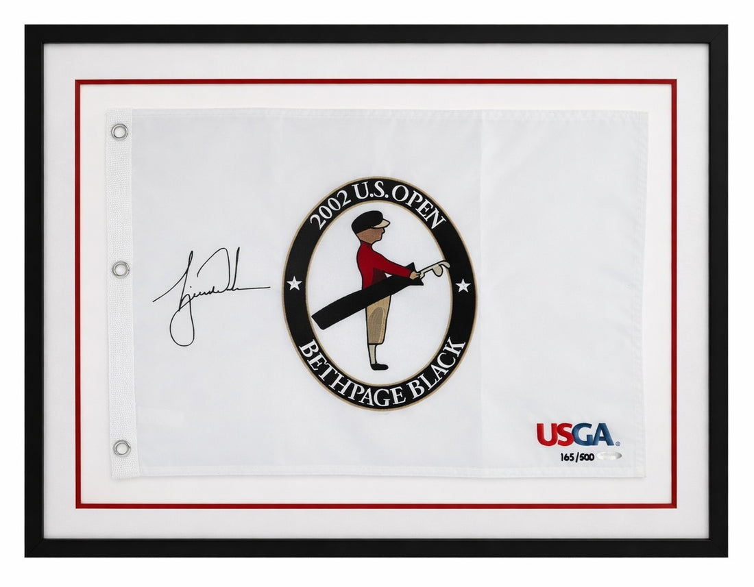 Tiger Woods Signed 2002 U.S. Open Bethpage Black Flag. Upper Deck UDA LE0