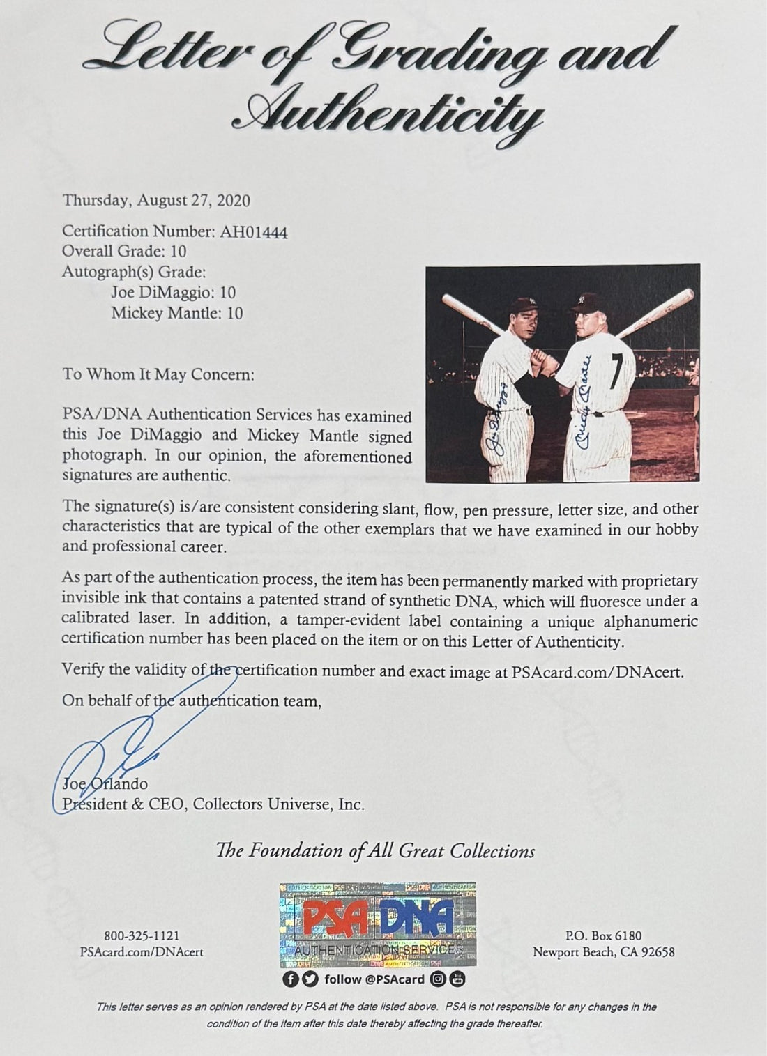 Mickey Mantle &amp; Joe DiMaggio Dual Signed 11x14 Photo. Auto PSA Gem Mint 101