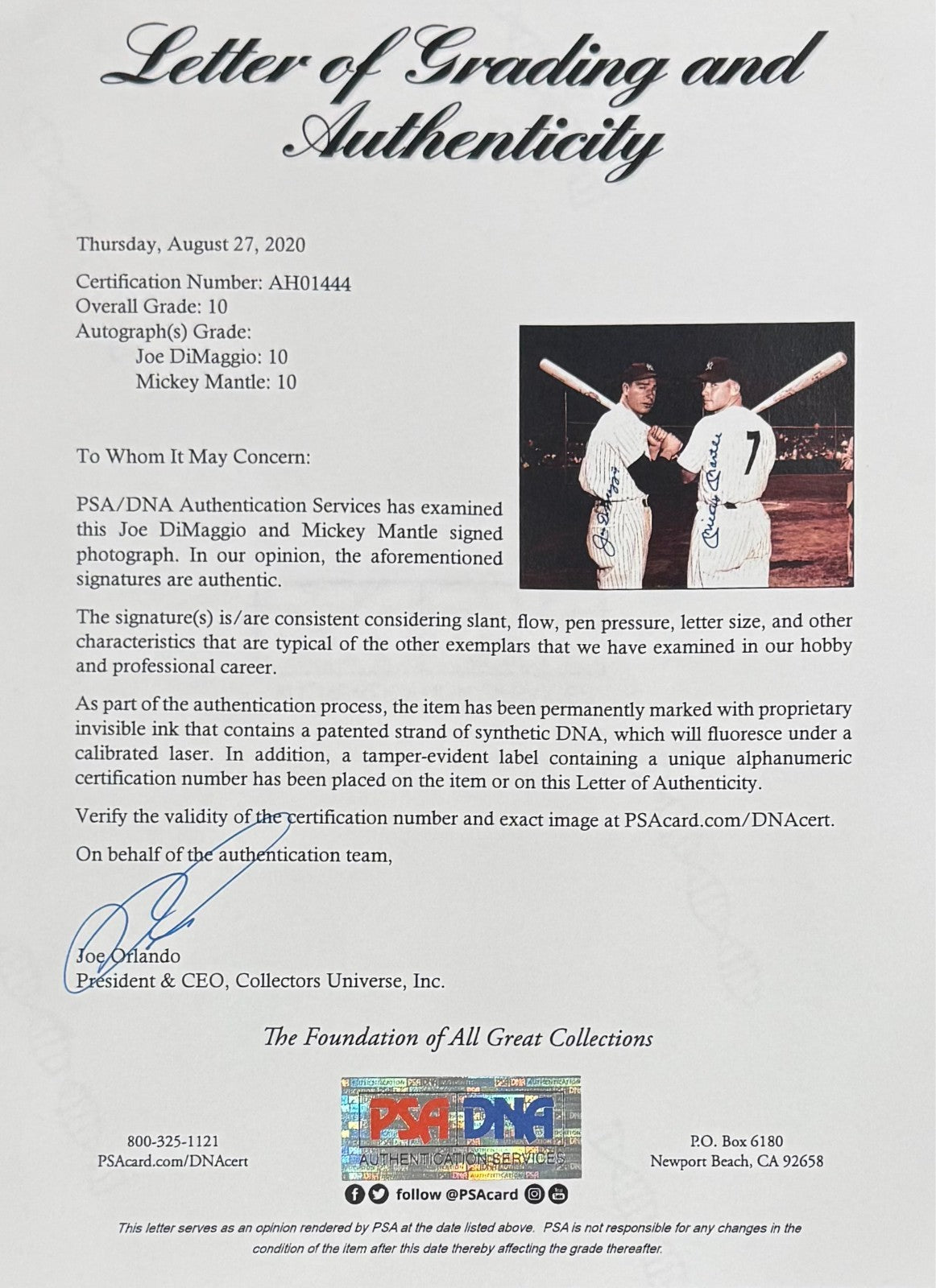 Mickey Mantle &amp; Joe DiMaggio Dual Signed 11x14 Photo. Auto PSA Gem Mint 101