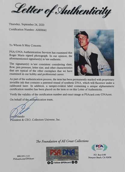 Roger Maris Signed 8x10 Photo. New York Yankees. Auto PSA1