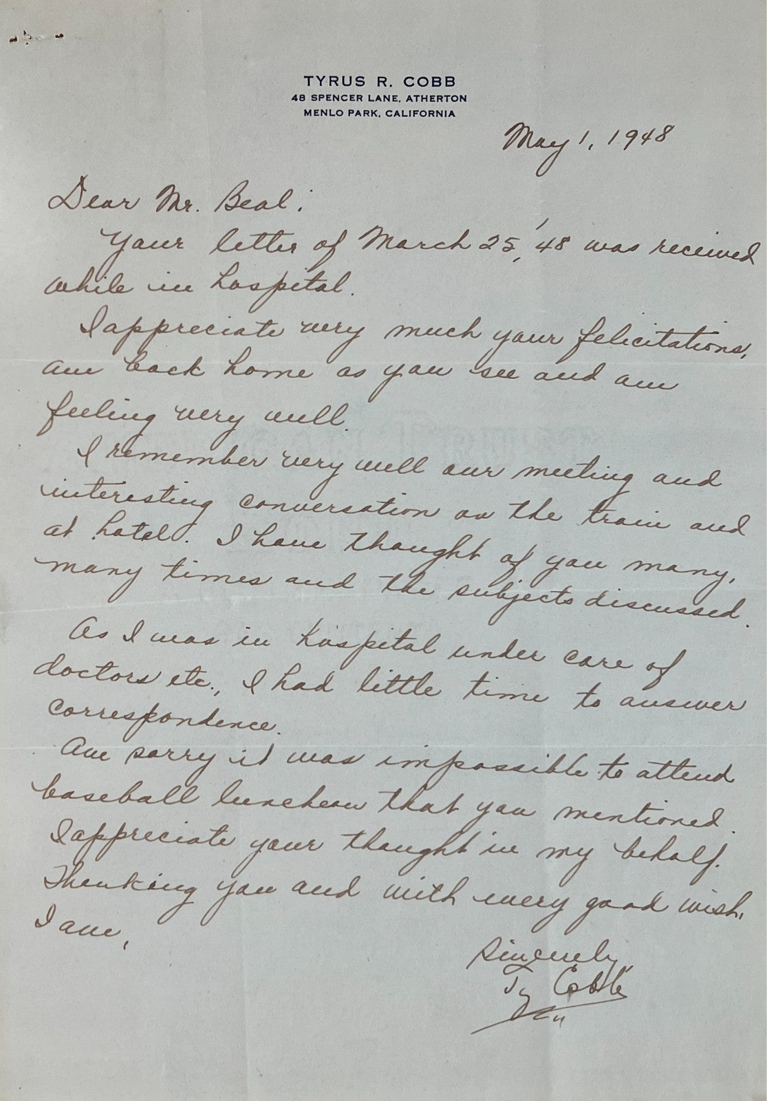 Ty Cobb Signed Letter from 1948, PSA1