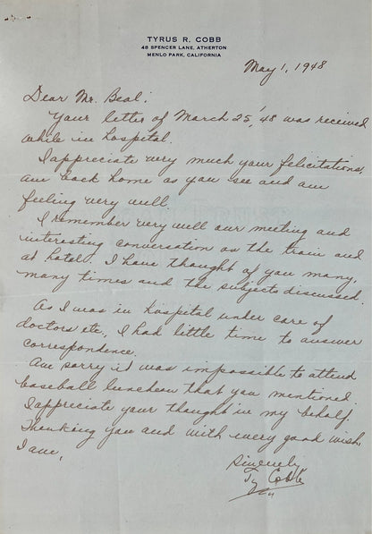 Ty Cobb Signed Letter from 1948, PSA1