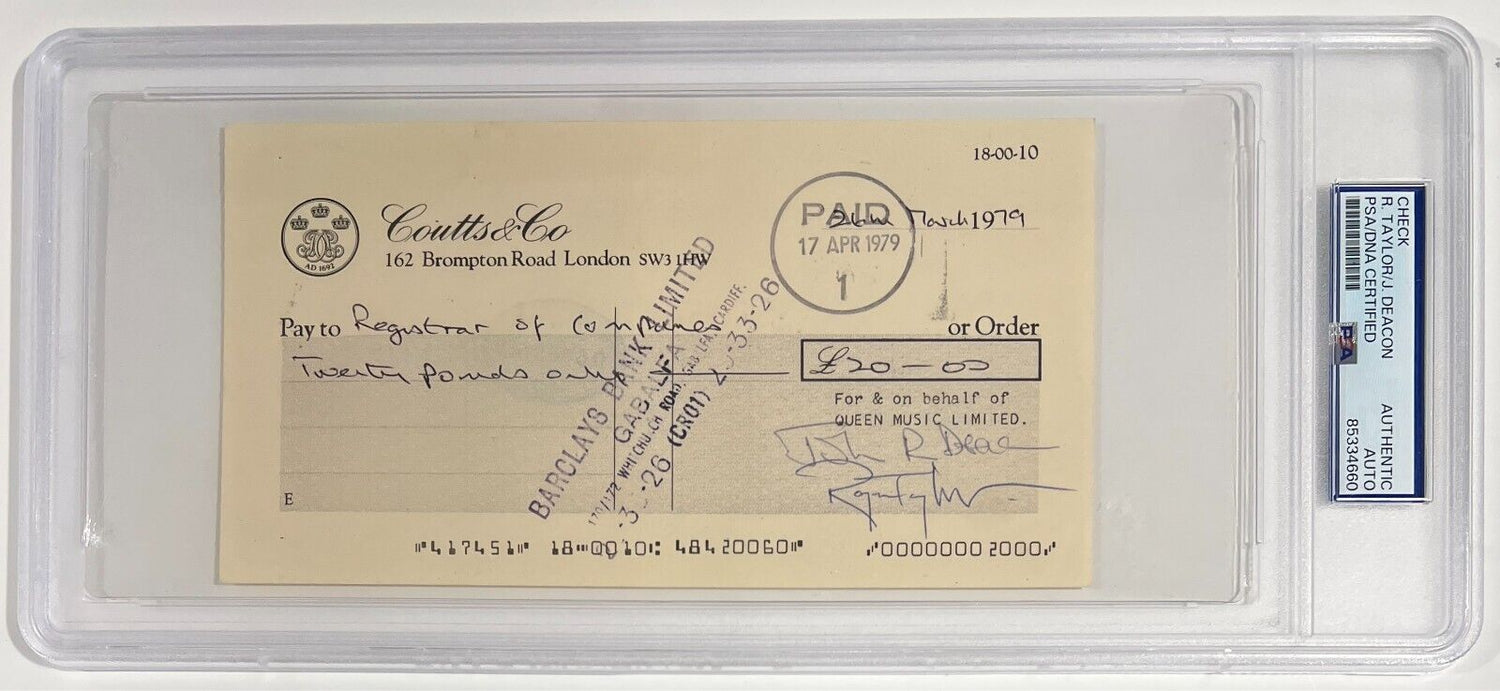 Rare Freddie Mercury &amp; Queen Signed Checks, Lot of 3. Auto PSA