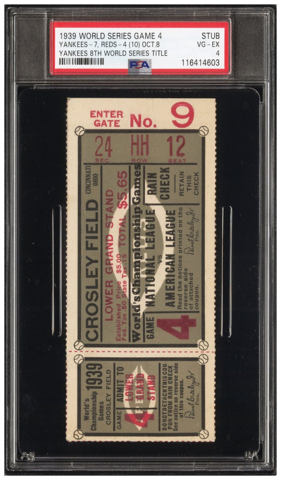 1939 World Series G4 Ticket. Yankees 8th Title, Gehrig&