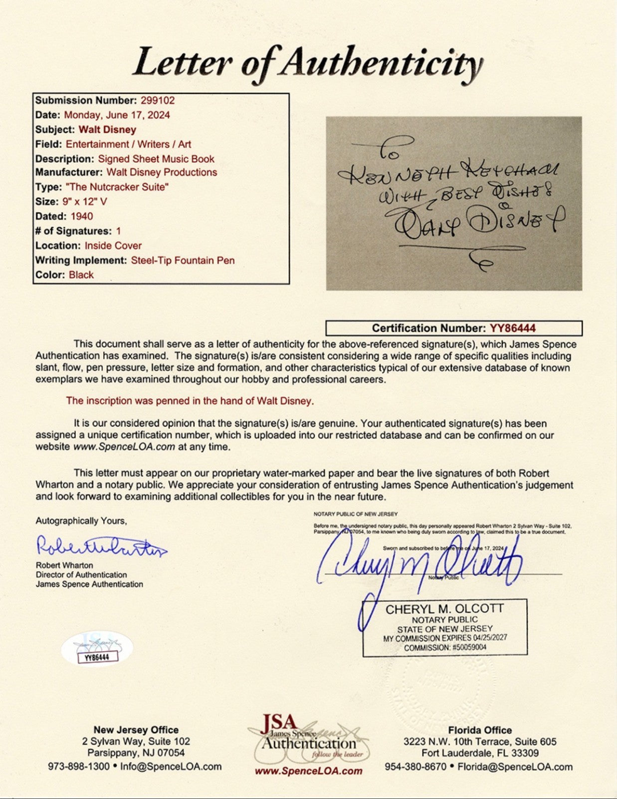 Walt Disney Signed Autograph Display. "Best Wishes" Inscribed Signature. JSA LOA2
