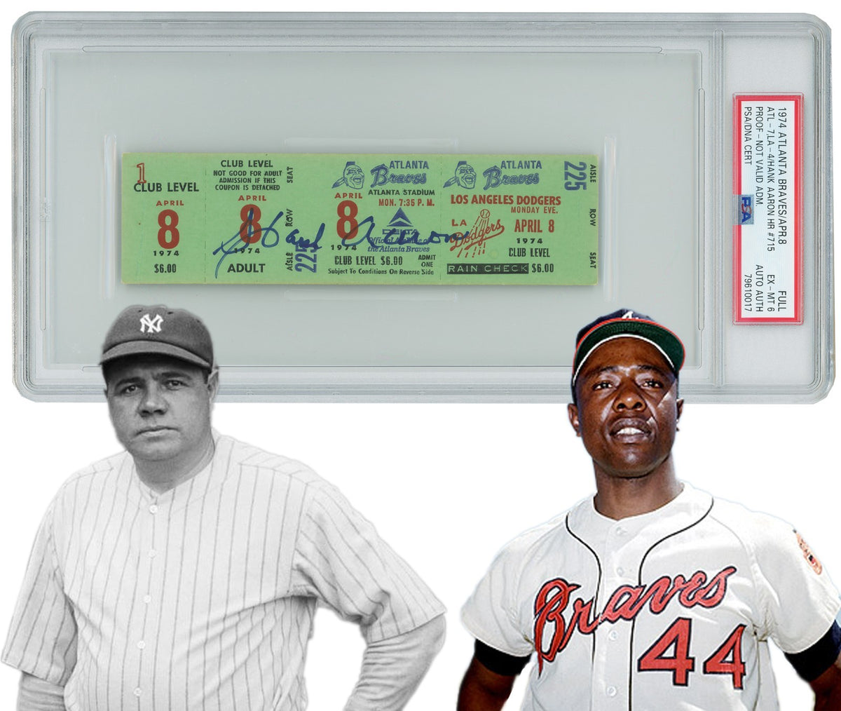 Hank Aaron Signed 715th Home Run Full Proof Ticket – April 8, 1974. PSA 60