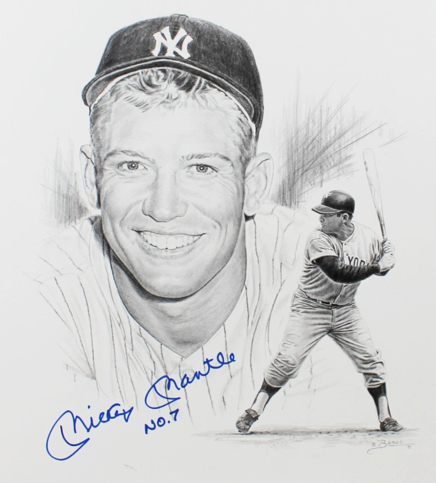 Mickey Mantle Signed &amp; Inscribed Original Art, Banse Drawing. Auto JSA2
