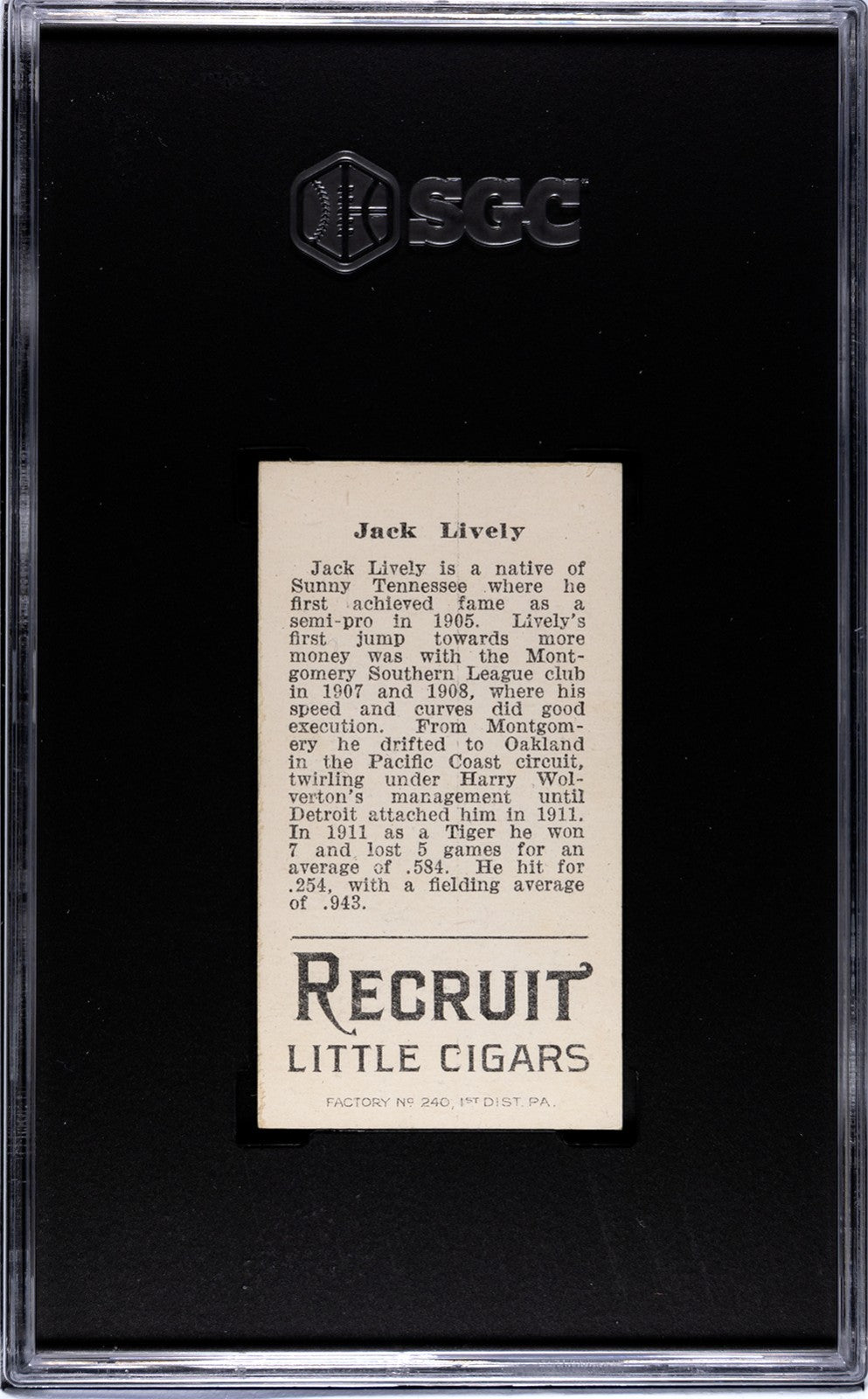 1912 Recruit Little Cigars T207 Jack Lively SGC 51