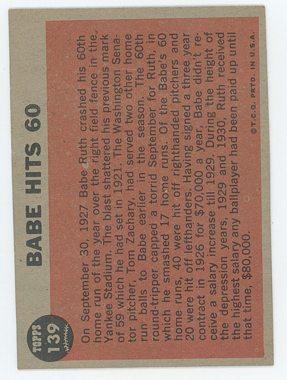 1962 Topps Babe Ruth. Babe Hits 60. New York Yankees. 