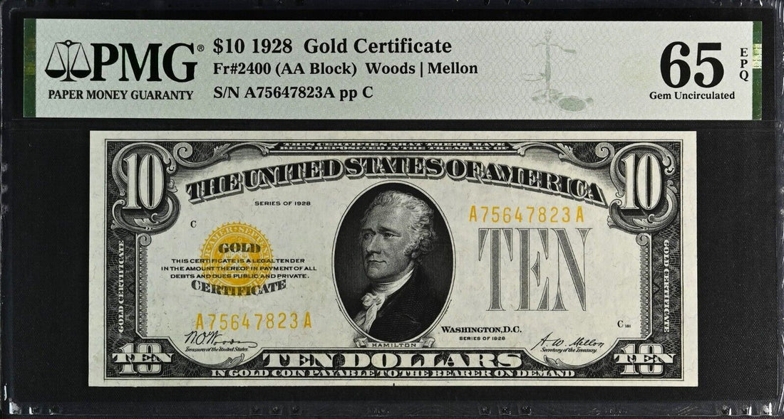 1928 $10 Gold Certificate Note. PMG Gem Uncirculated Unc 65  EPQ