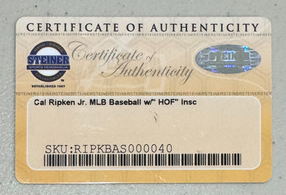 Cal Ripken Jr. Signed &amp; “2007 Hall Of Fame” Inscribed Baseball. Steiner3