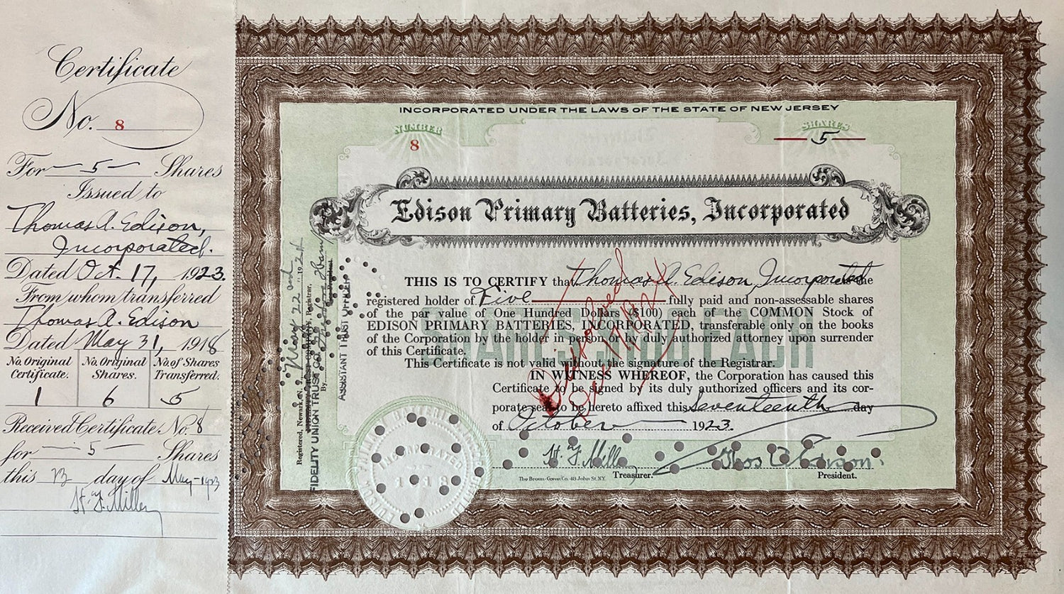 1923 Thomas Edison Electric Battery Company Signed Stock Certificate. Auto JSA1