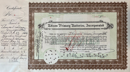 1923 Thomas Edison Electric Battery Company Signed Stock Certificate. Auto JSA1