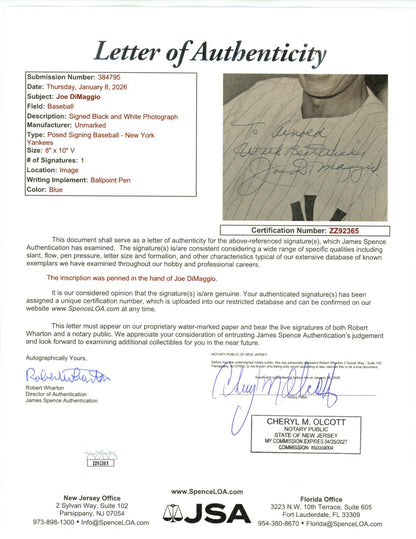 Joe DiMaggio Signed Photo JSA1