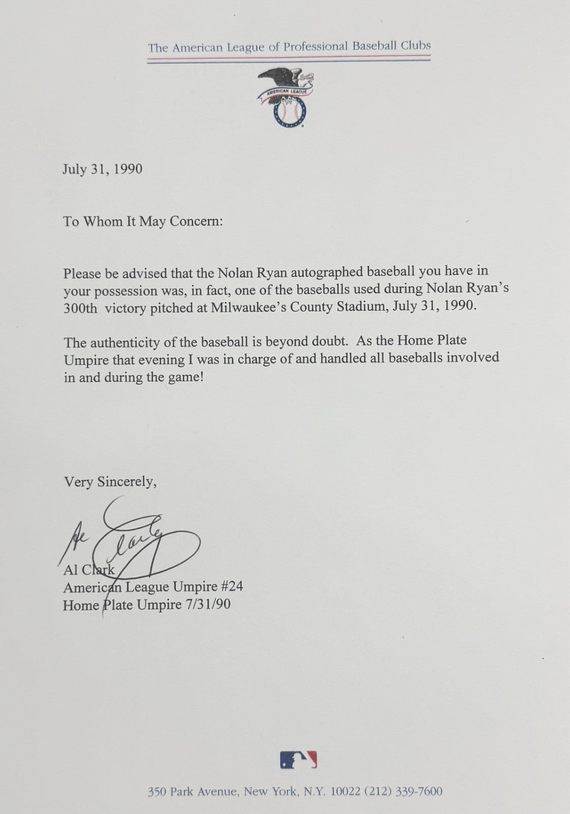 Nolan Ryan Game Used Signed Baseball, 300th Career Win, July 31 1990. JSA7