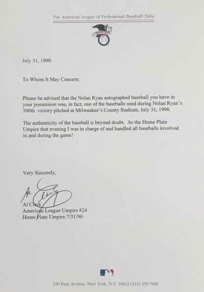 Nolan Ryan Game Used Signed Baseball, 300th Career Win, July 31 1990. JSA7