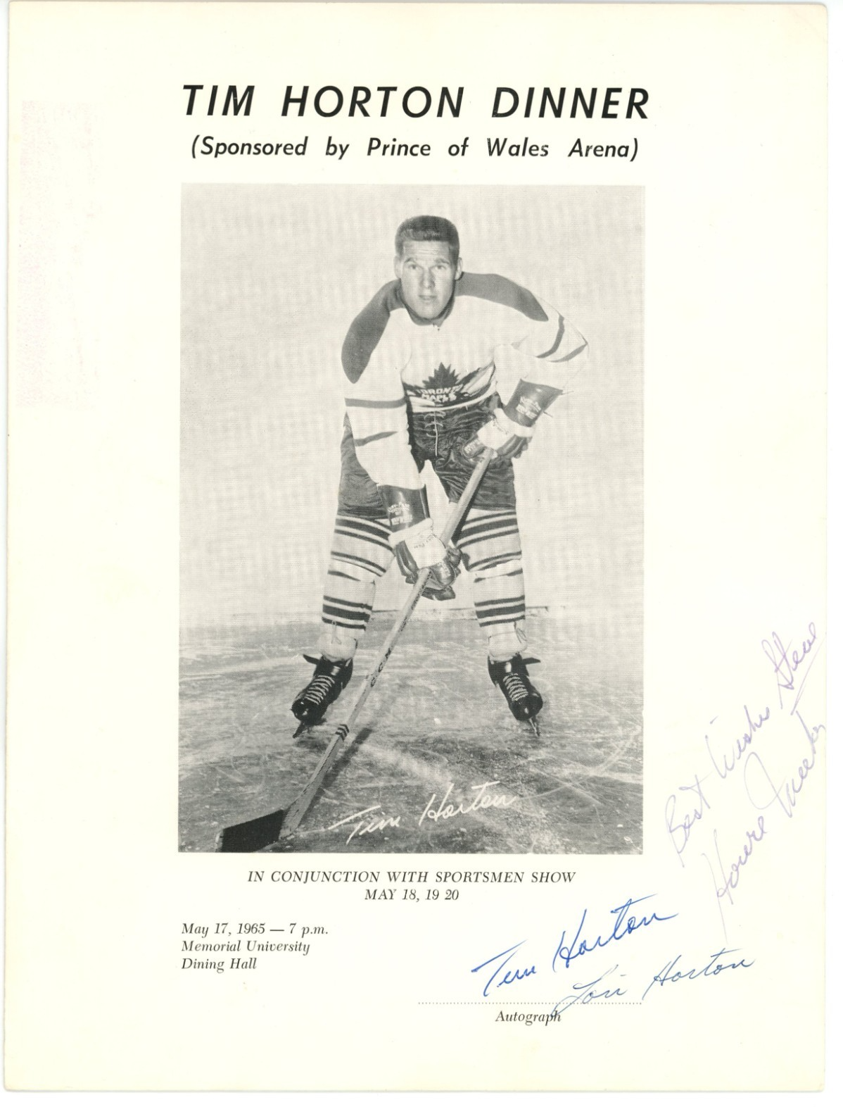 Tim Horton Signed 1965 Dinner Menu Program. Auto JSA0