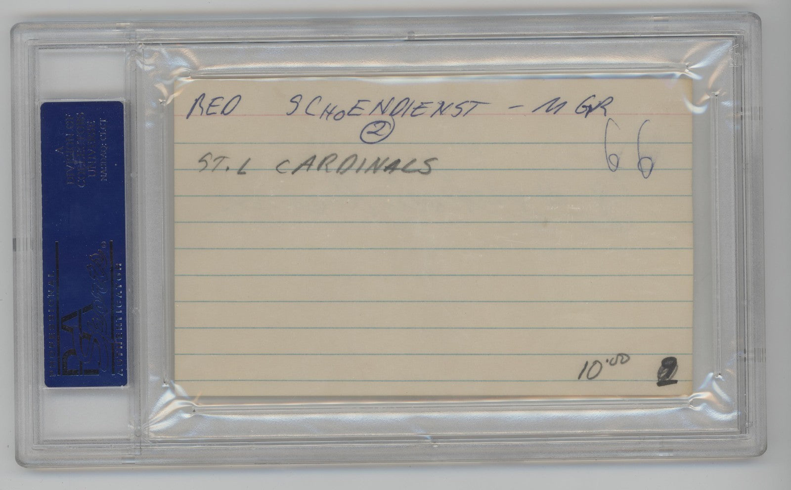 Red Schoendienst Signed Index Card. PSA. St. Louis Cardinals Hall of Famer1