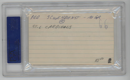 Red Schoendienst Signed Index Card. PSA. St. Louis Cardinals Hall of Famer1