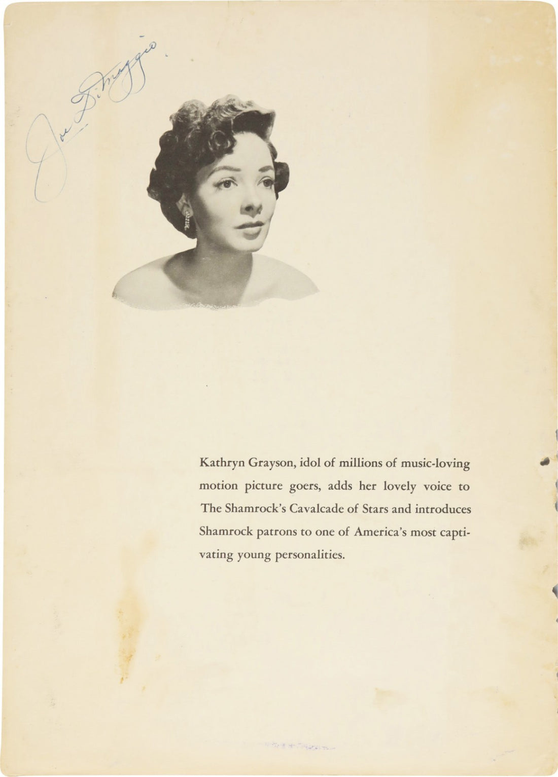 Joe DiMaggio Signed Menu Page from April 7, 1951. PSA0