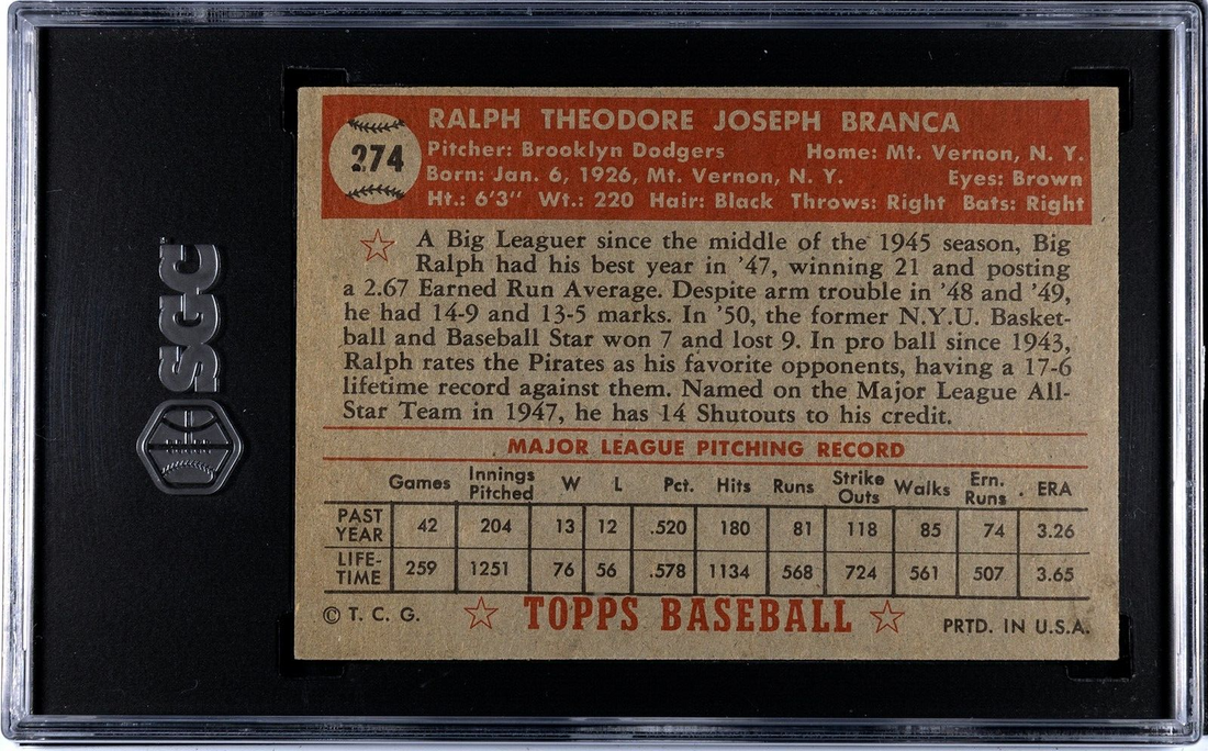 1952 Topps Ralph Branca. SGC 5