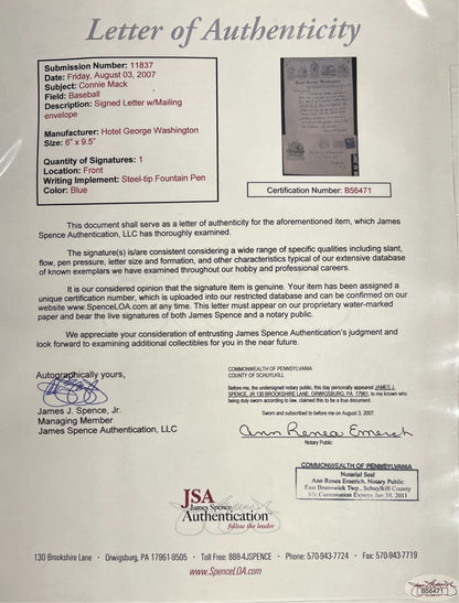 Connie Mack Handwritten Letter with Full Autograph. PSA JSA7