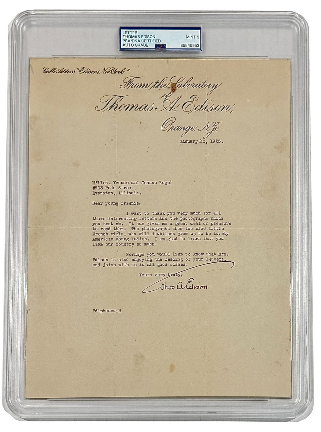 Thomas Edison Signed Letter. Auto Graded PSA Mint 91