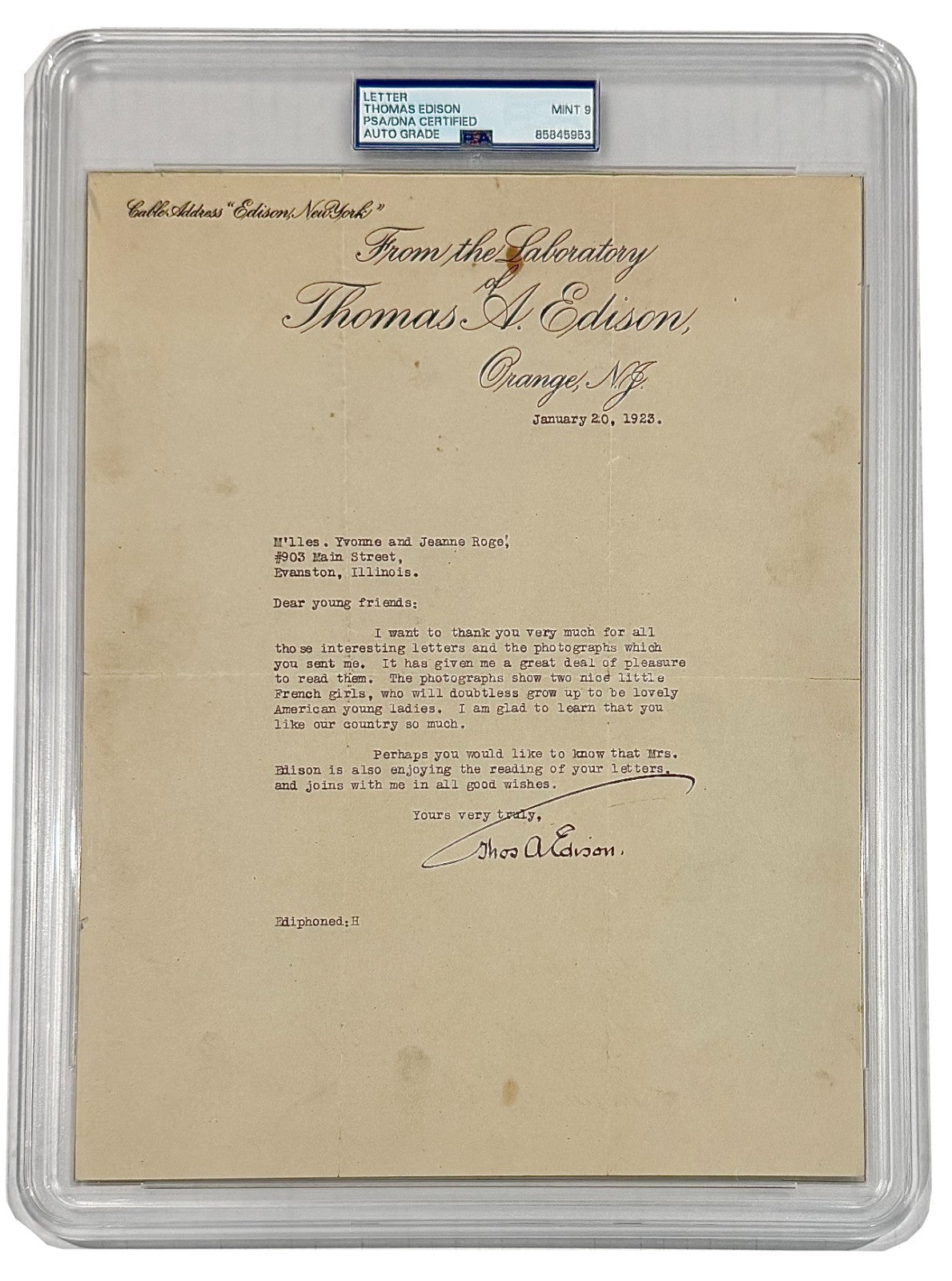 Thomas Edison Signed Letter. Auto Graded PSA Mint 91