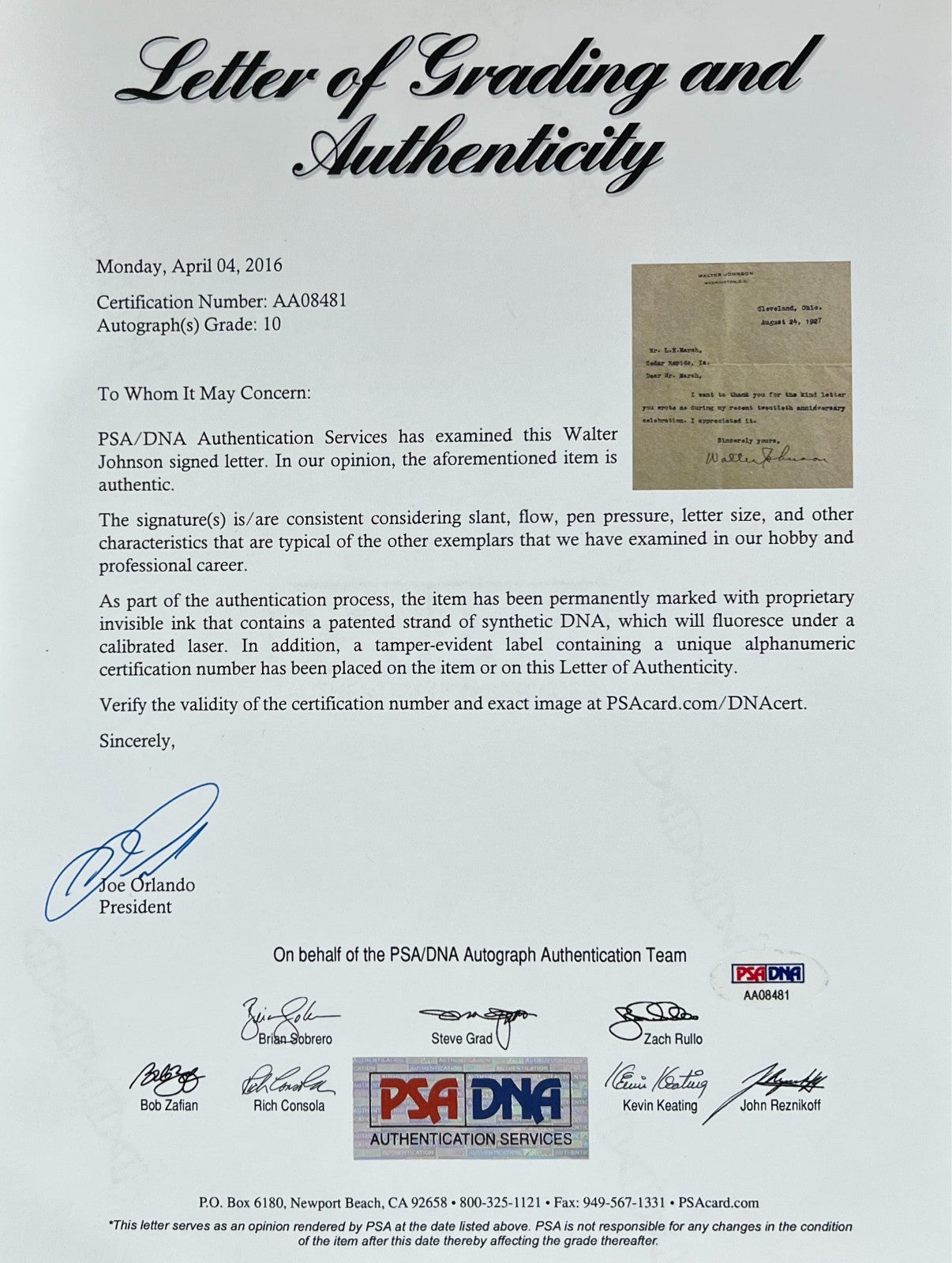 Walter Johnson Signed Letter and Fingerprints. 1947. Gem Mint, PSA 106