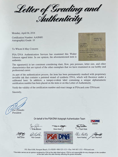 Walter Johnson Signed Letter and Fingerprints. 1947. Gem Mint, PSA 106