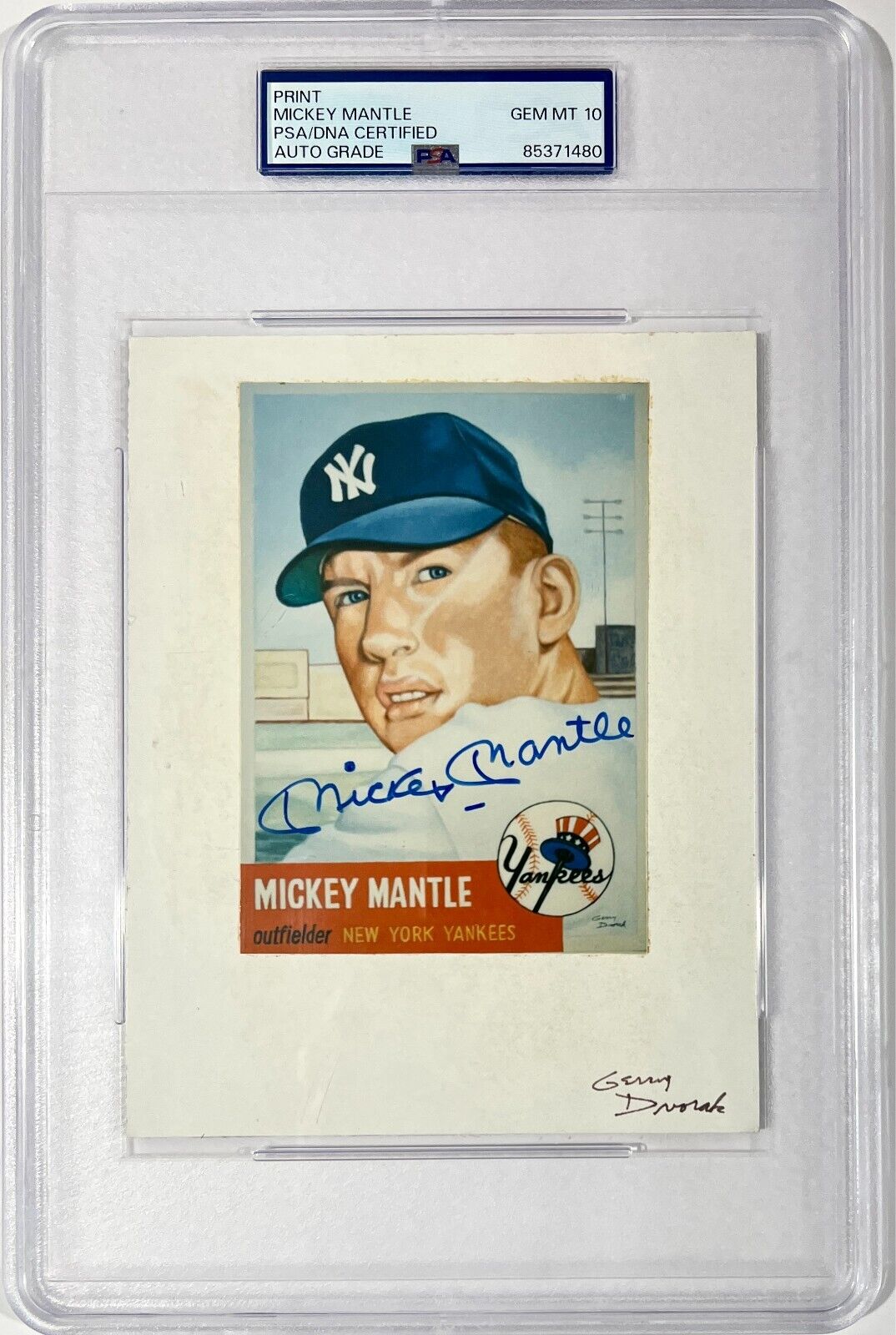 Mickey Mantle Signed Print of 1953 Topps Card. Gerry Dvorak. PSA 10