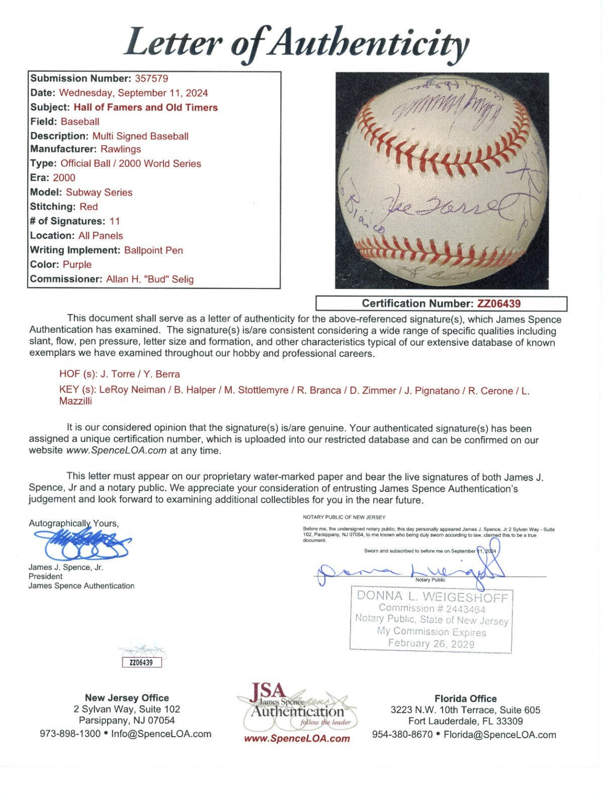 2000 World Series Signed Baseball. Barry Halper Coll, Torre, Berra. 11 Sigs. JSA6
