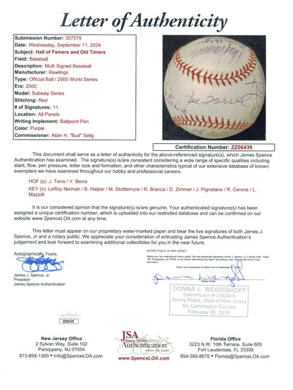 2000 World Series Signed Baseball. Barry Halper Coll, Torre, Berra. 11 Sigs. JSA6