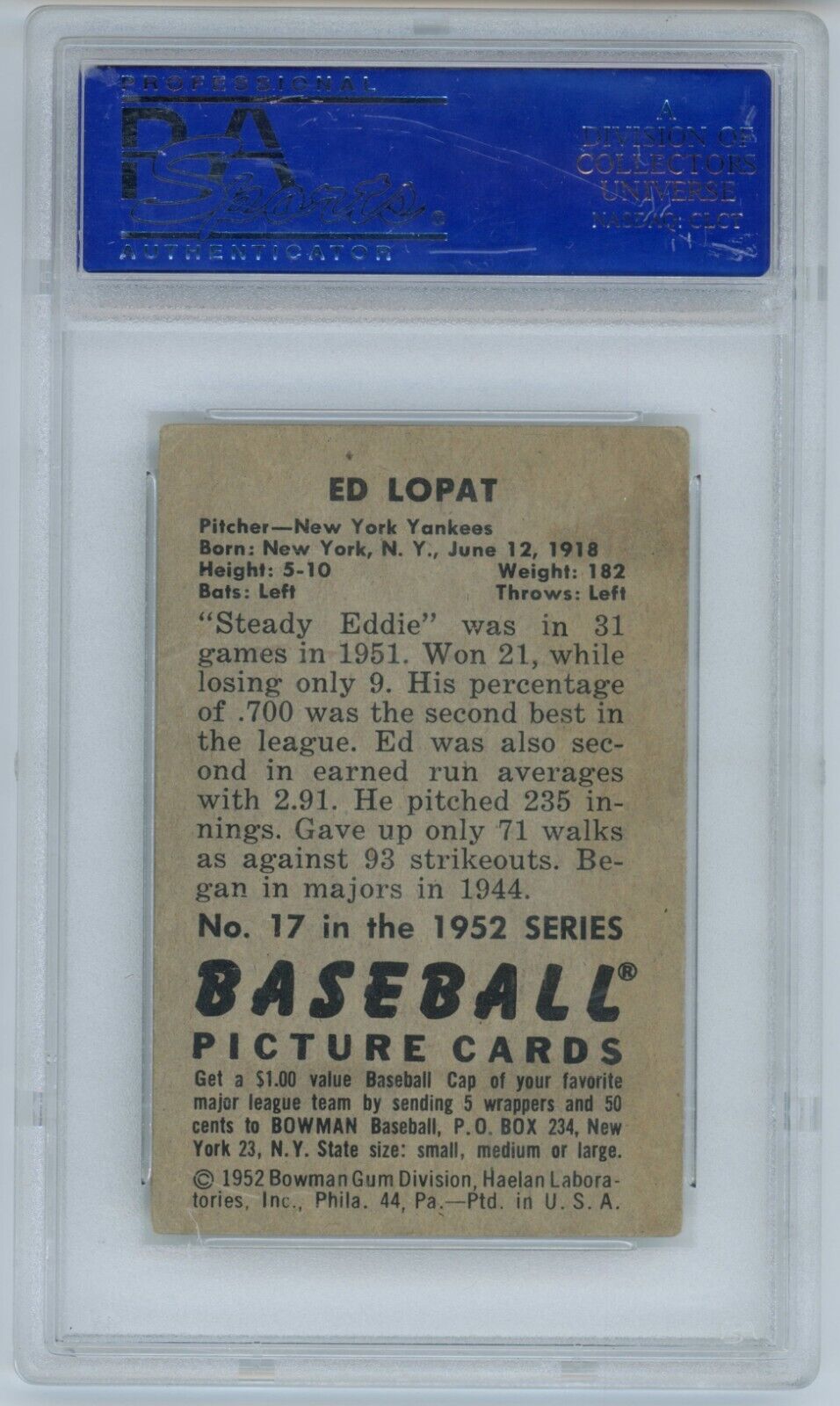 Ed Lopat Signed 1952 Bowman Card. Good 2. New York Yankees. PSA