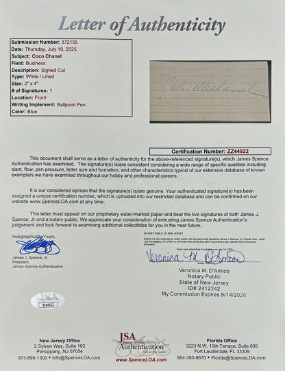 Gabrielle Coco Chanel Signature Autograph Display. Extremely Rare Auto, JSA2