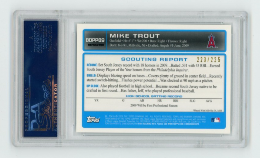 2009 Mike Trout Bowman Chrome Rookie Auto XFractor BDPP89, PSA 9 Mint. /2251