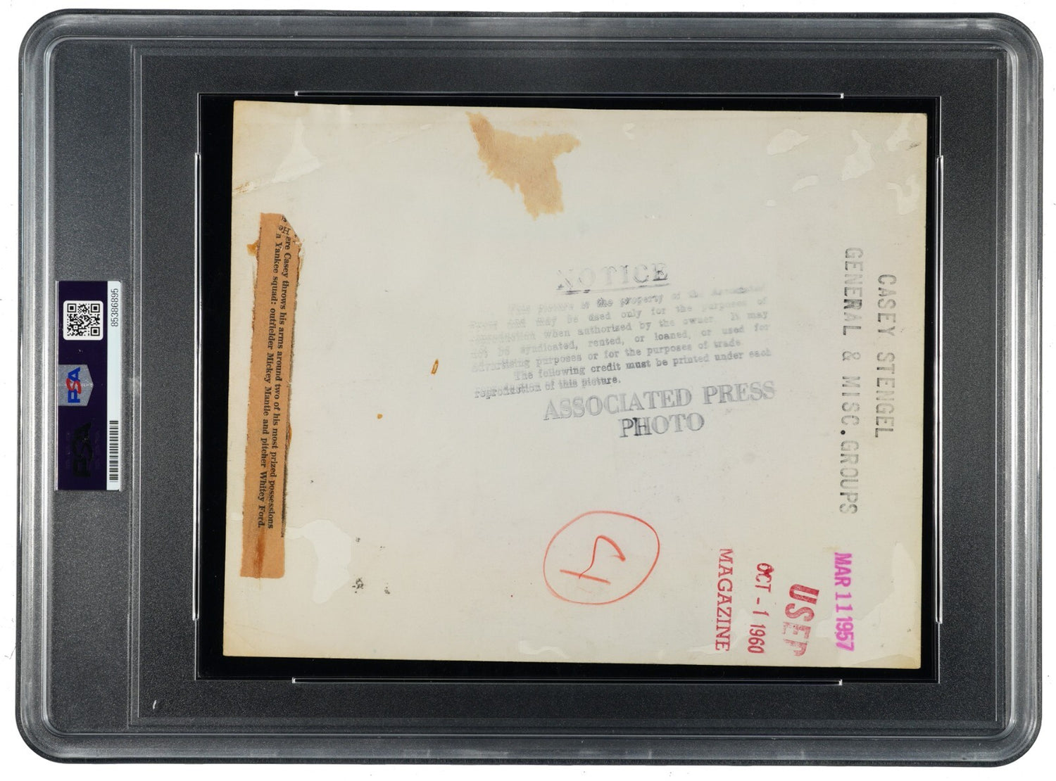Mickey Mantle, Whitey Ford, &amp; Casey Stengel 1957 Type 1 Original Photo. PSA1